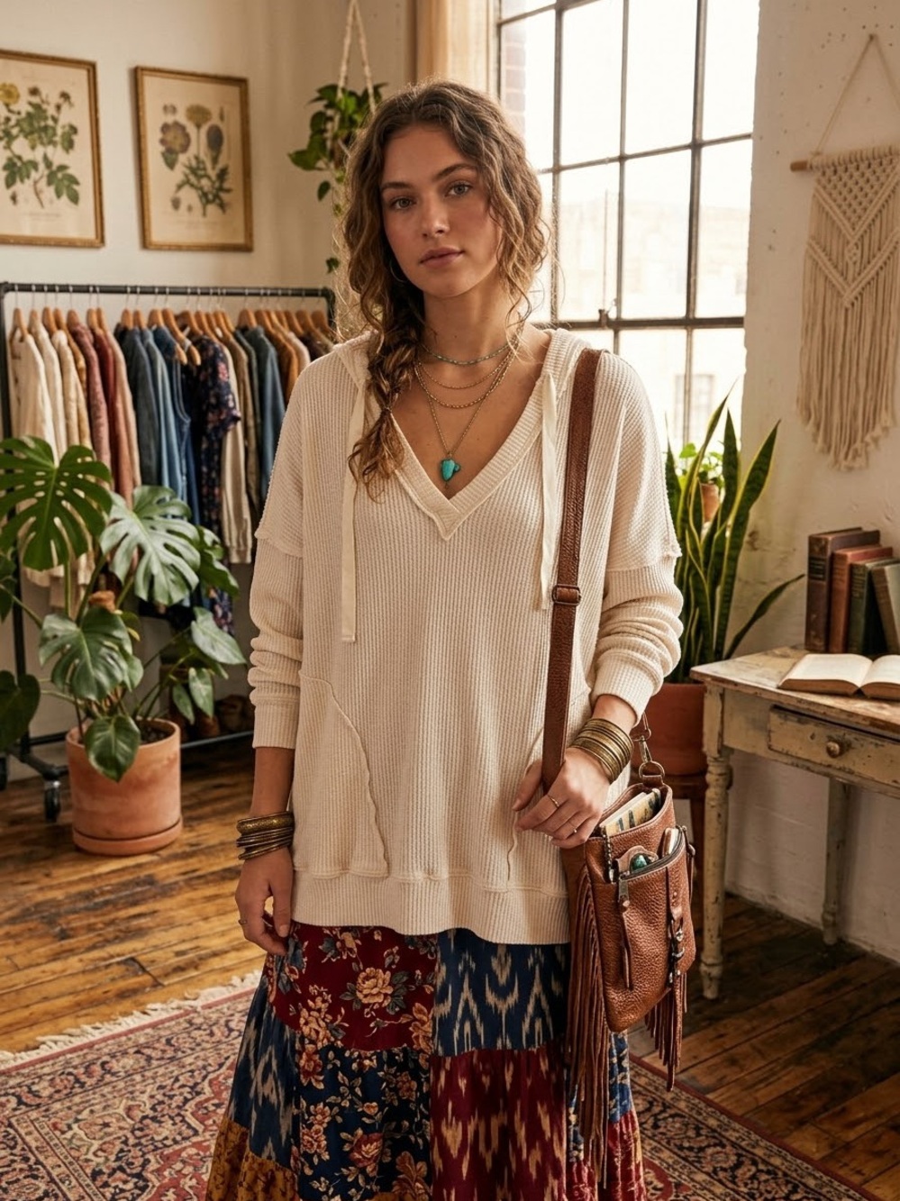 Joe Fresh Waffle Knit V-Neck Hoodie Cream Oversized Pullover Sweatshirt Womens L